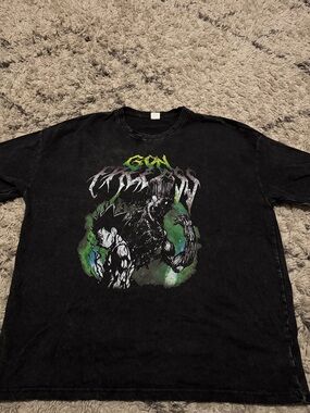 Black Graphic Anime Monster Tee with Green Accents